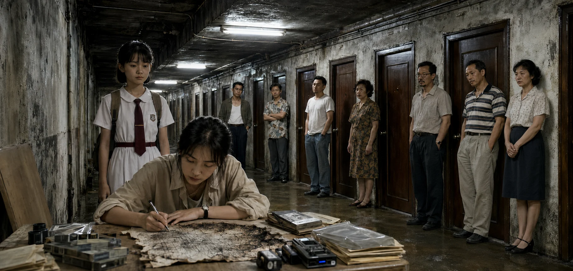 無窗的十四樓走廊內,林梓晴俯身在燒焦搬遷表上更正紀錄,七名1992年目擊者站在門前,梁哲與母親在14-08旁重逢
